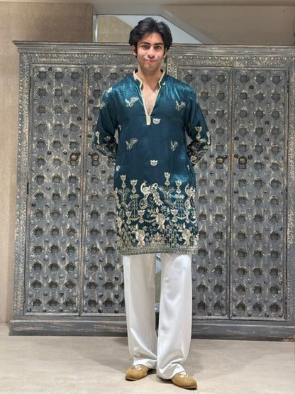 Peacock Teal Shimmer Organza Short Kurta Set with Jari Embroidery