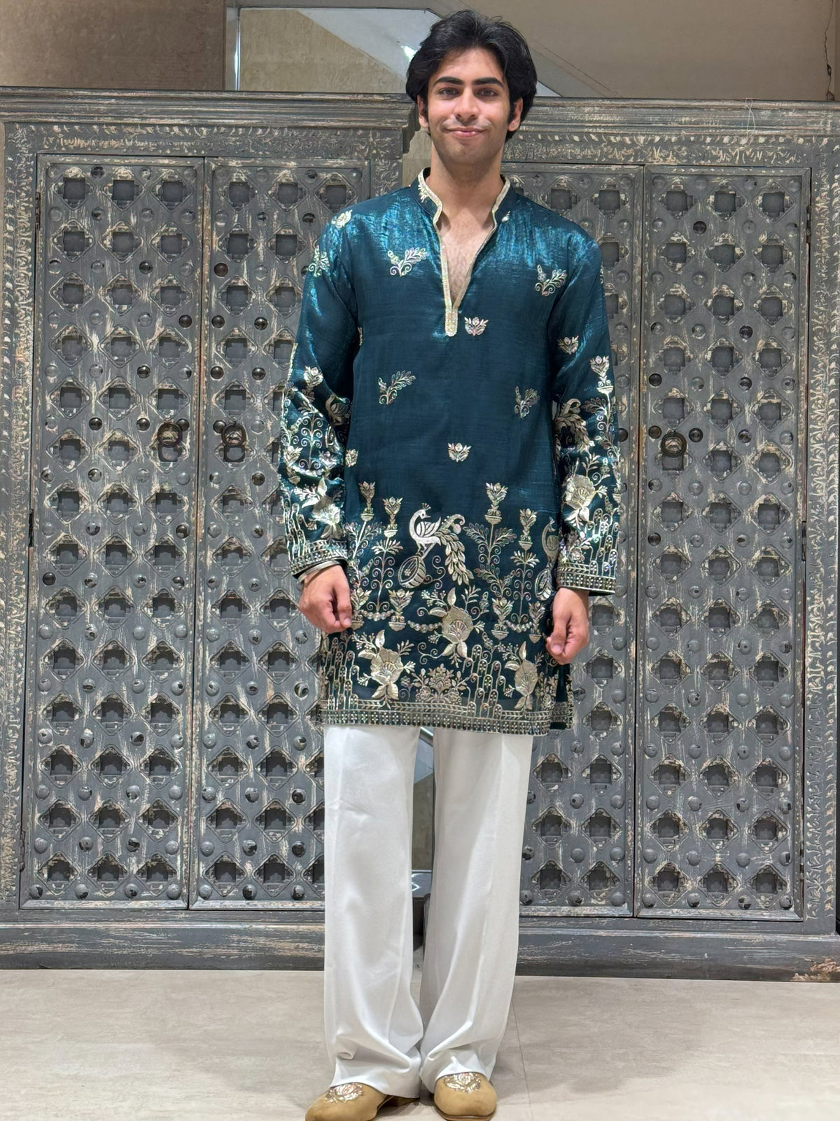 Peacock Teal Shimmer Organza Short Kurta Set with Jari Embroidery