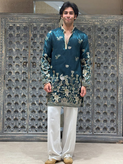 Peacock Teal Shimmer Organza Short Kurta Set with Jari Embroidery