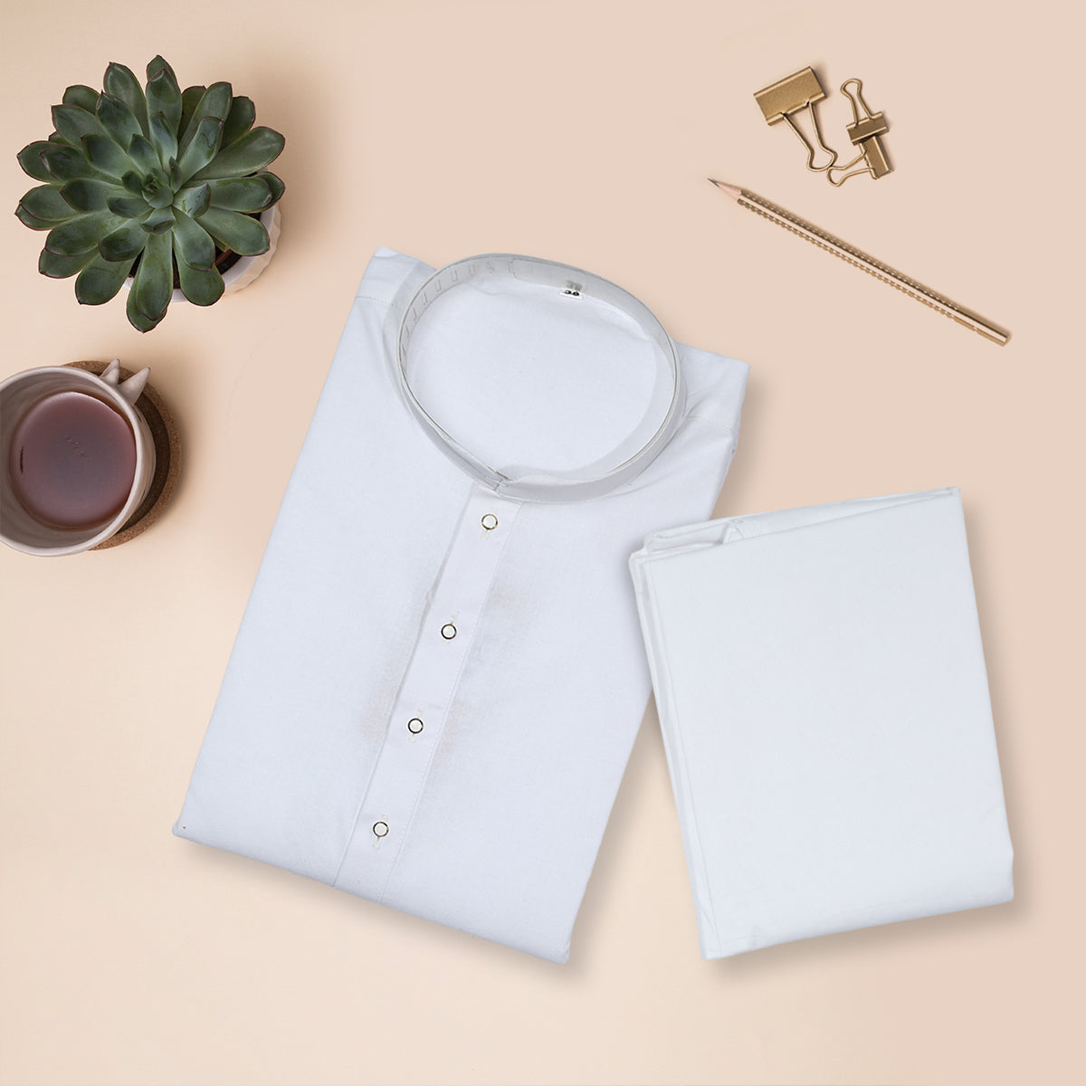 White Basic Cotton Kurta Set with Straight Pant