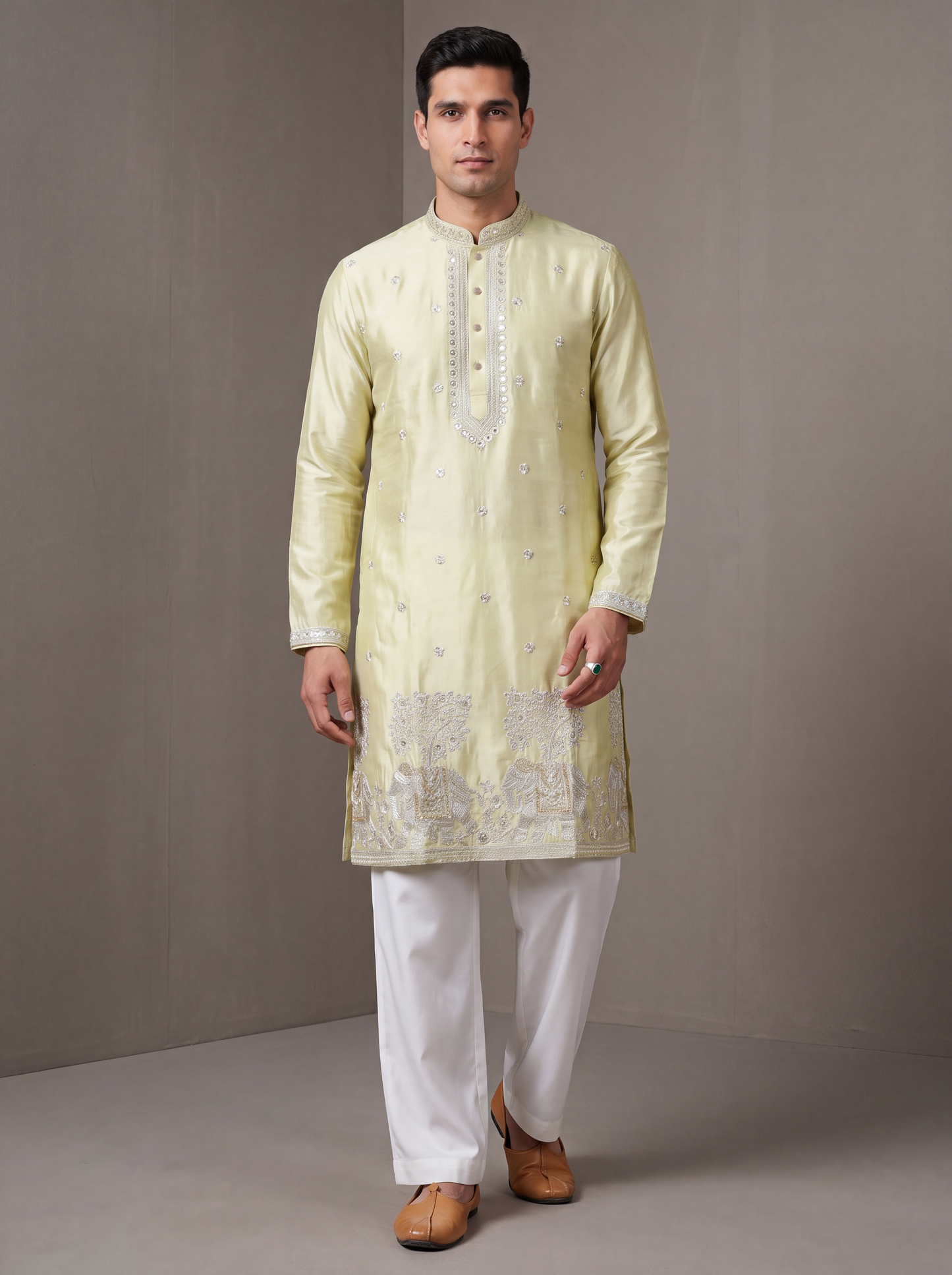 Cream Short Kurta Set with Embroidery