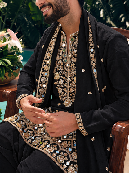 Regal Black Shimmer Organza Kurta with Dupatta Set with Zari Embroidery and Mirror Work