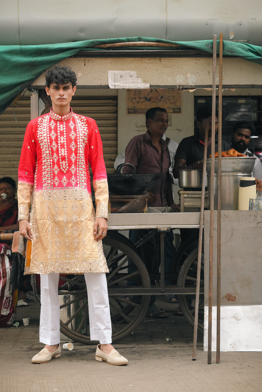 Pink and Beige Silk Kurta Set