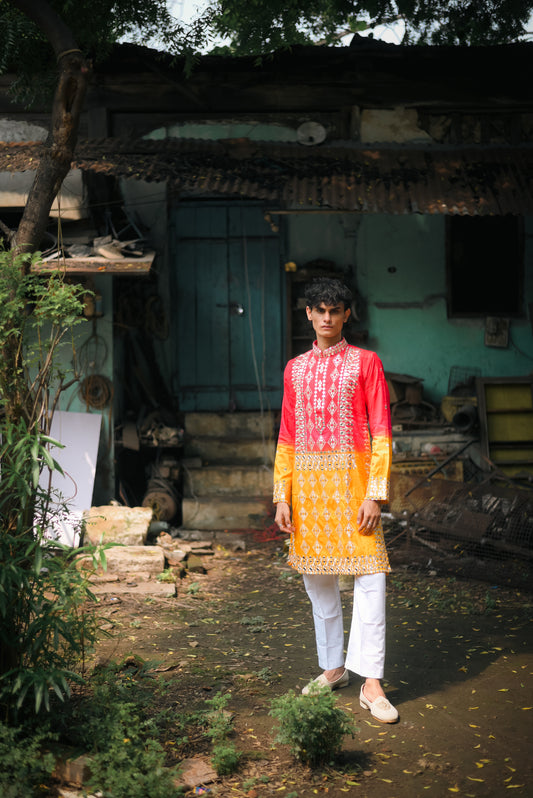 Pink and Yellow Silk Kurta Set