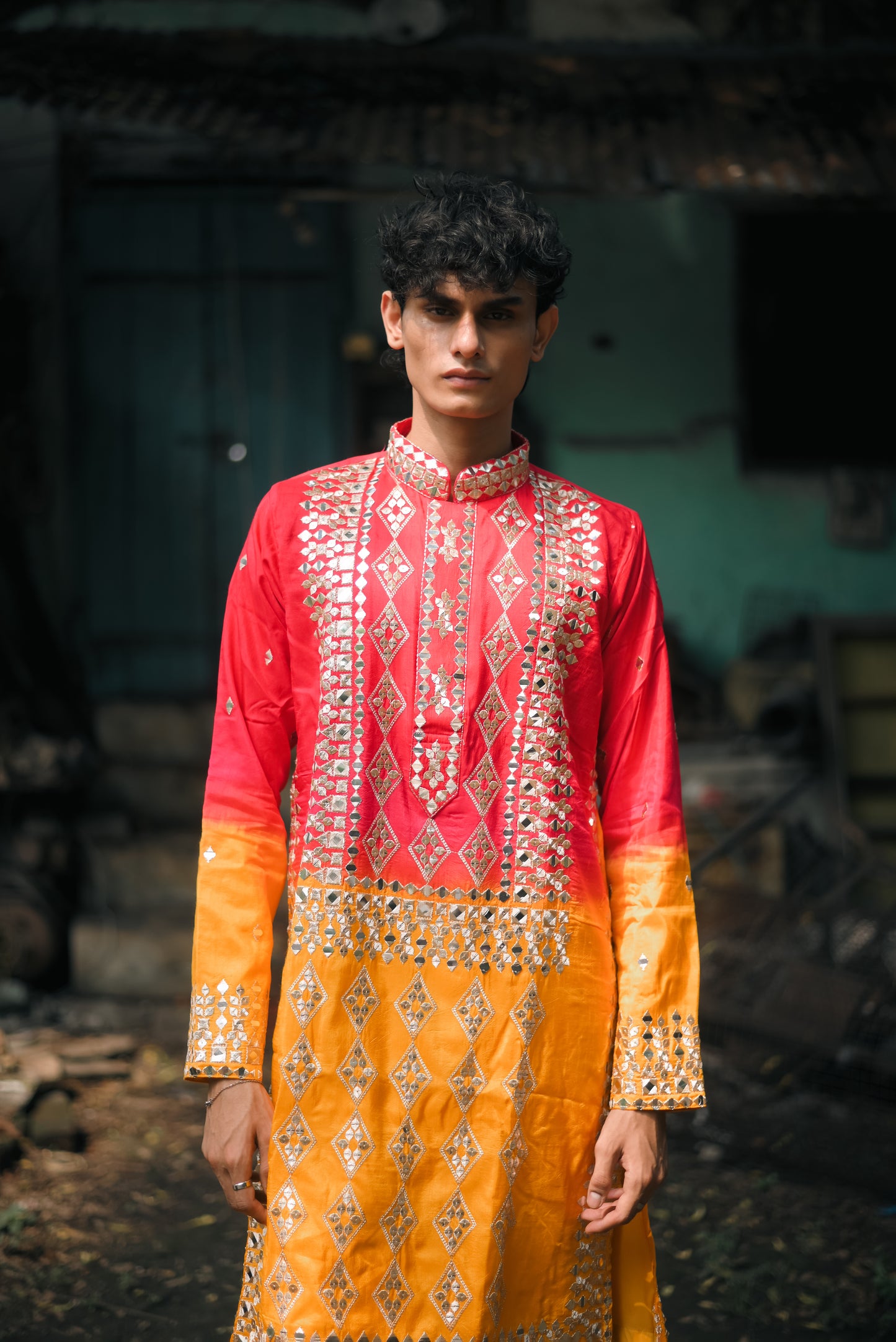 Pink and Yellow Silk Kurta Set