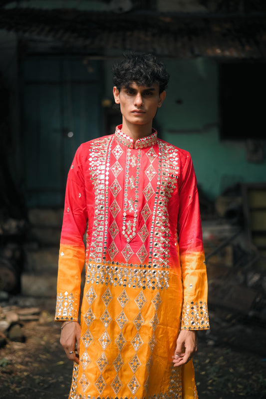 Red and Yellow Silk Kurta Set