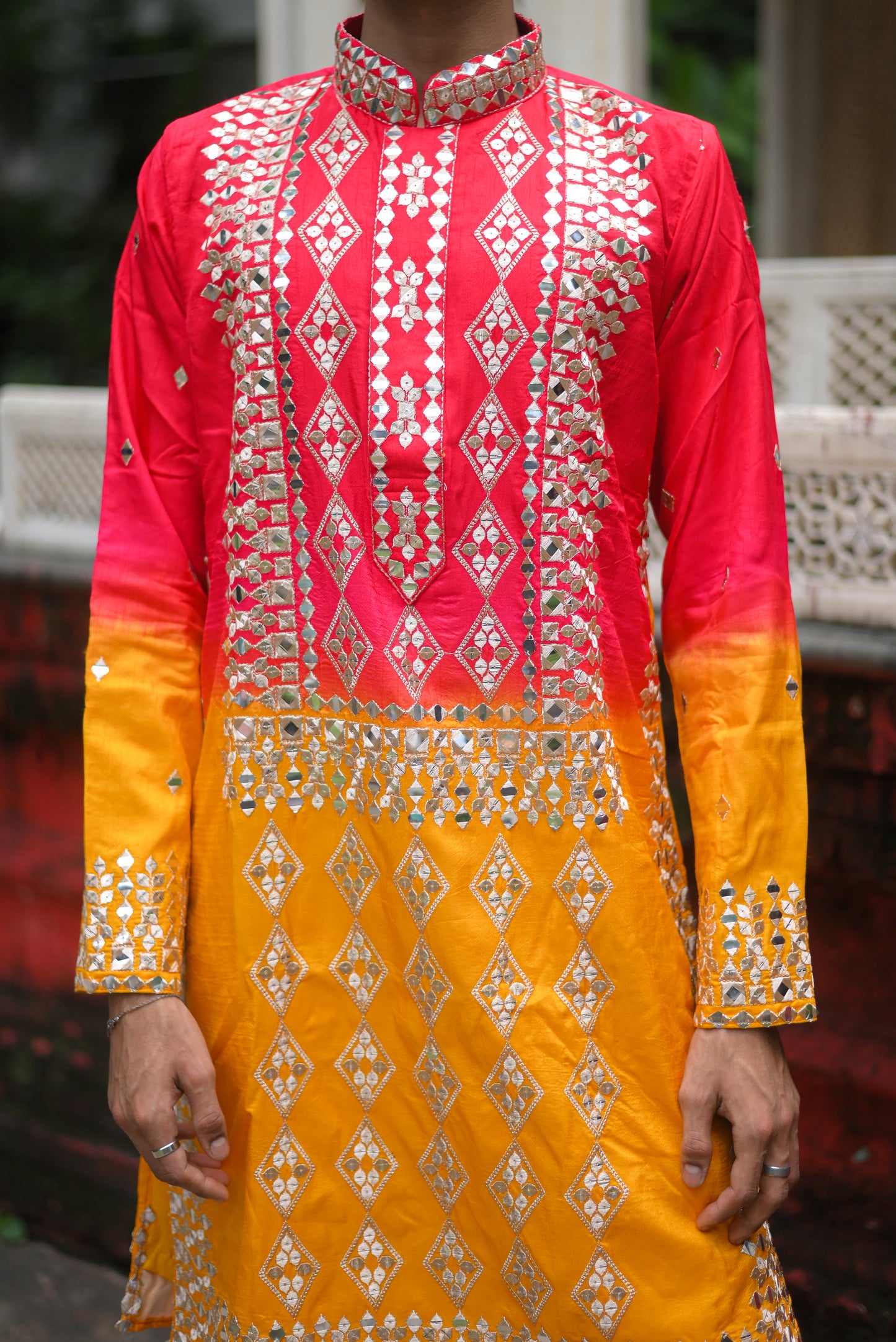 Pink and Yellow Silk Kurta Set