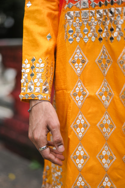 Pink and Yellow Silk Kurta Set