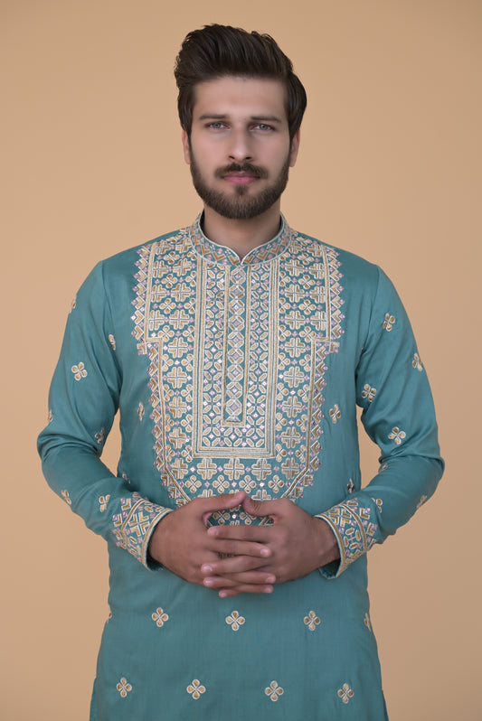 Blue Fendi With Multicolour Thread Work And Zari Embroidery