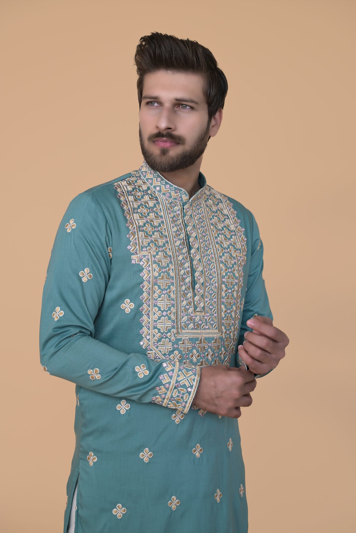 Blue Fendi With Multicolour Thread Work And Zari Embroidery