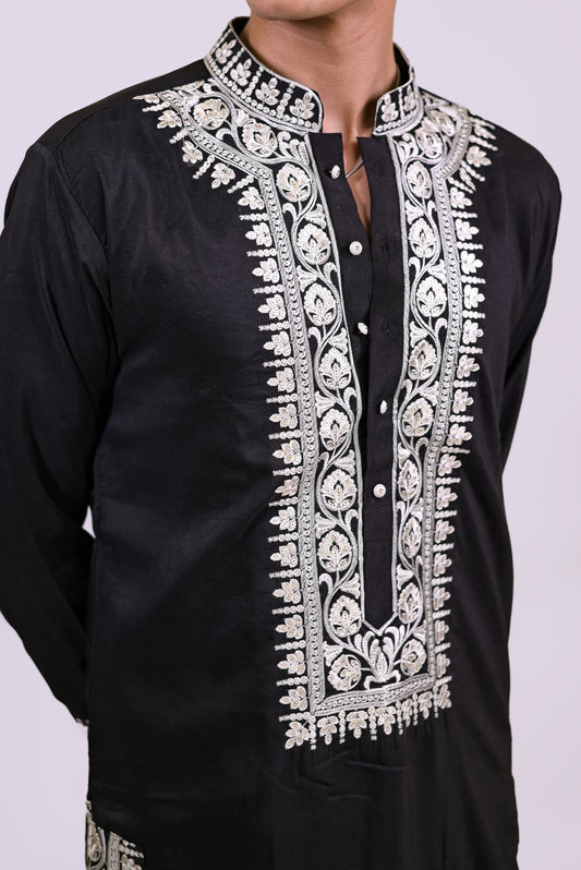 Black Fendi With White Thread Work Embroidery Kurta