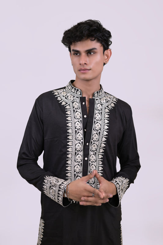 Black Fendi With White Thread Work Embroidery Kurta