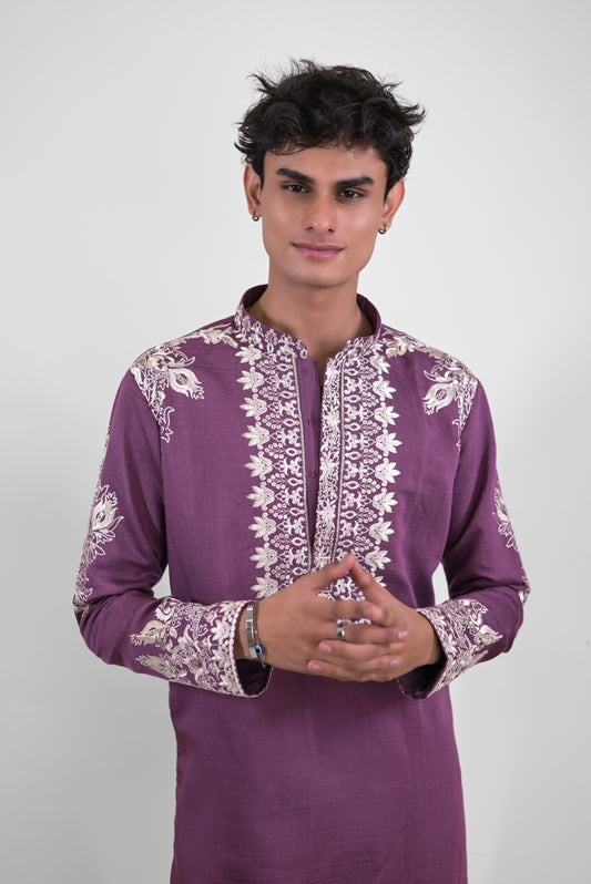 Purple Slub Cotton With White Thread Work Embroidery