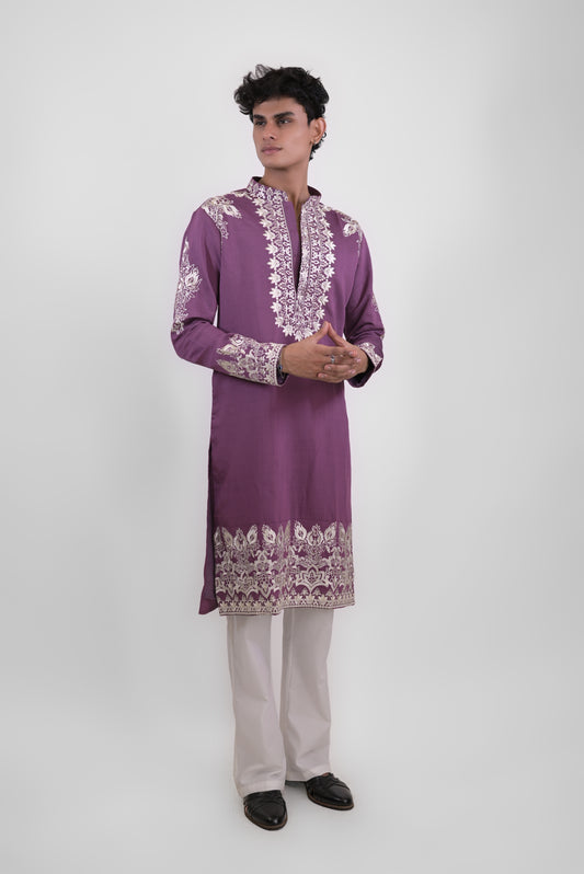 Purple Slub Cotton With White Thread Work Embroidery