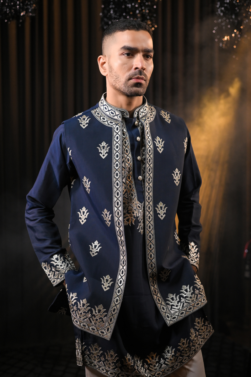 Festive Embroidery Navy Blue silk Kurta Set with Jacket