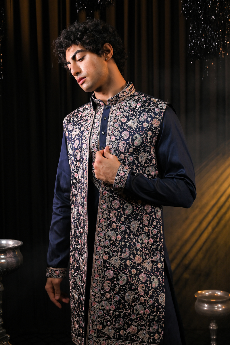 Ethnic Wear Navy Blue Kurta Set With Jacket