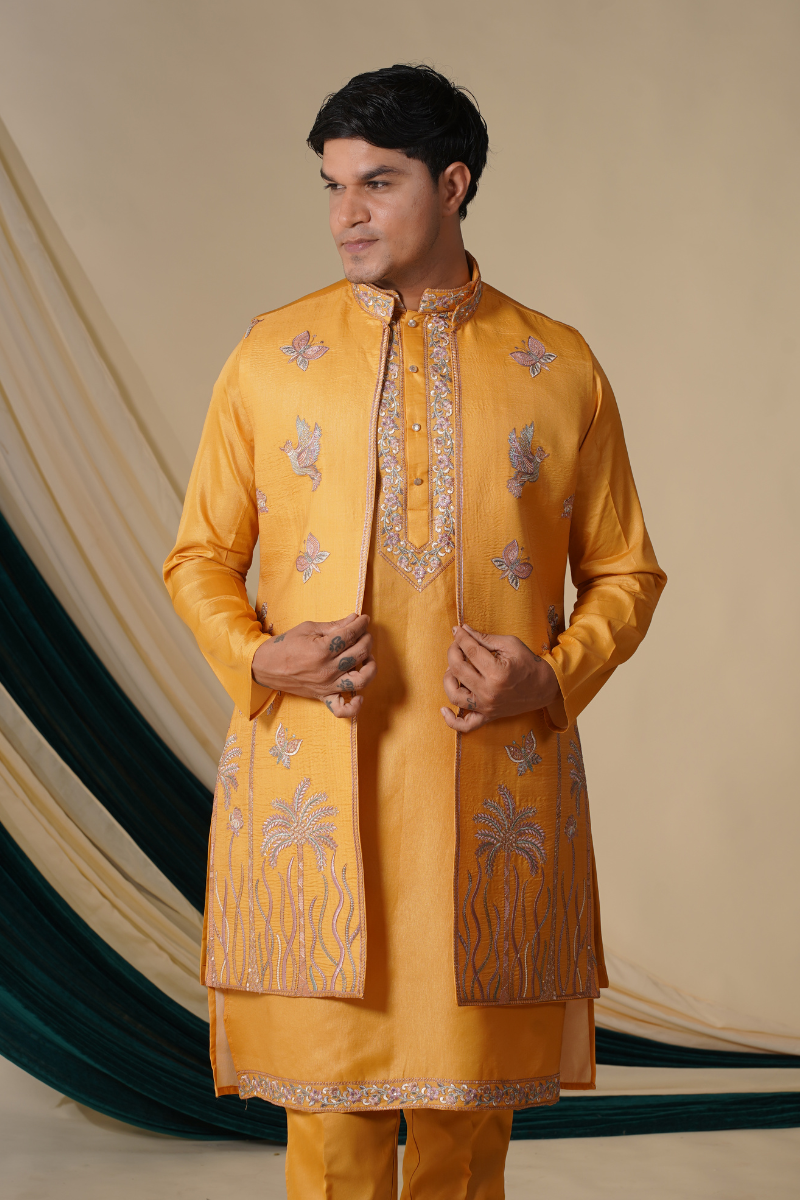 Mustrad Multicolour Threadwork  Embroidery Kurta set With Jacket