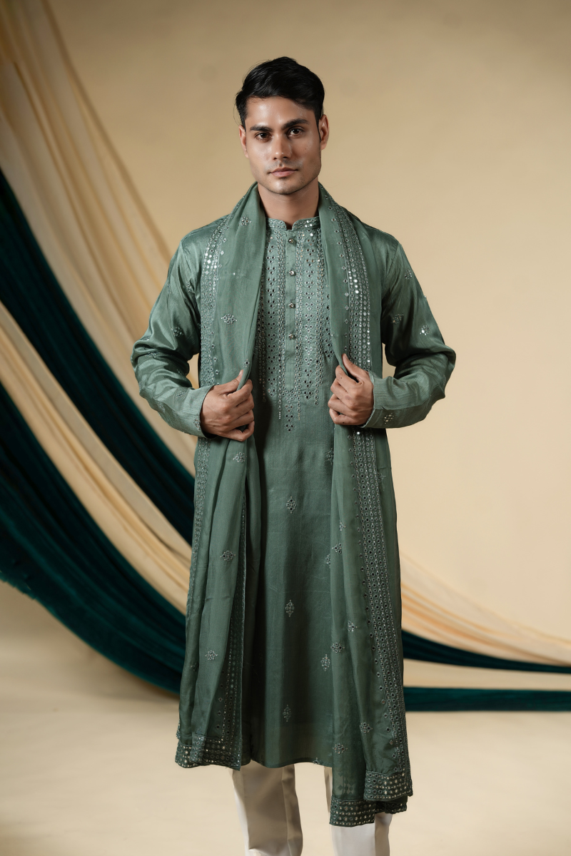 Sage Green Tussar Silk With Mirror Work Kurta Set With Dupatta