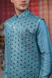 Festive Blue embroidery Kurta Set With Jacket