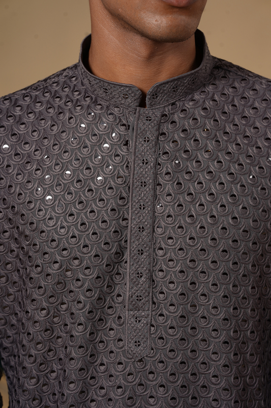 Dark Grey Rayon Sequins Threadwork Kurta Set