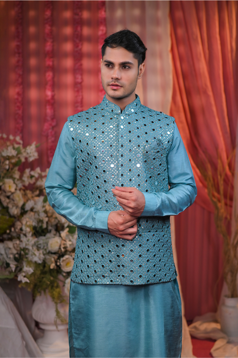 Festive Blue embroidery Kurta Set With Jacket