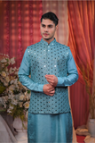 Festive Blue embroidery Kurta Set With Jacket