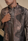 Brown Jacquard Jacket With Kurta Set