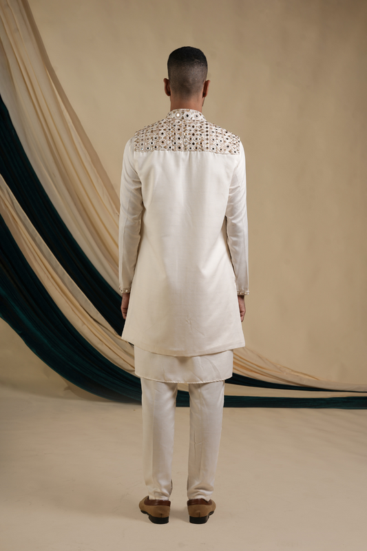 Off White Georgette With Sequins And Mirror Work Kurta Set With Jacket