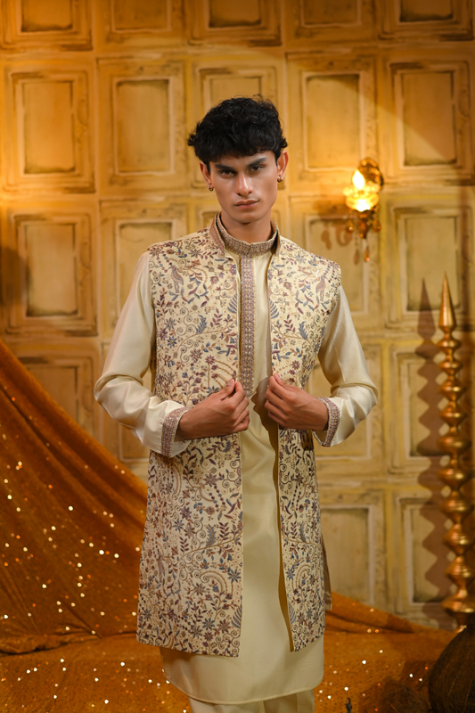 Embroidery Light Creame Kurta Set With Jacket