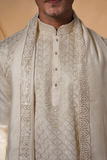 Off White Slub Cotton With Gold Foil Work  Embroidery Kurta Set Dupatta