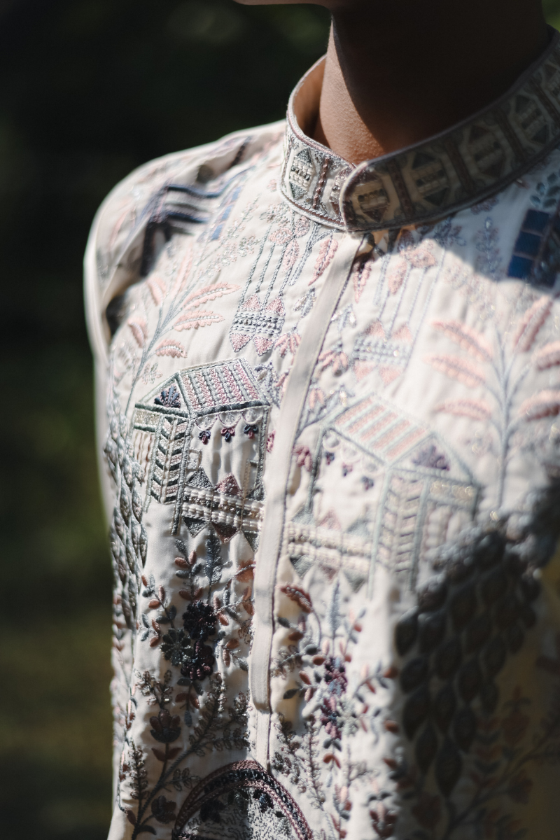 White Embroidery Thread Work Festive Kurta Set