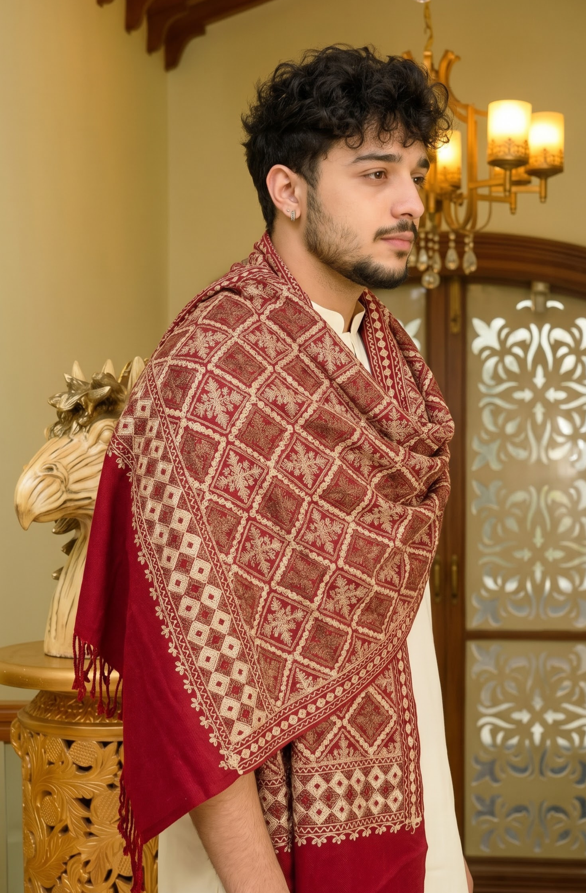 Red Pashmina Jacquard Dupatta with Embroidery