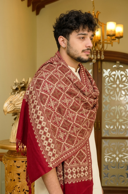 Red Pashmina Jacquard Dupatta with Embroidery