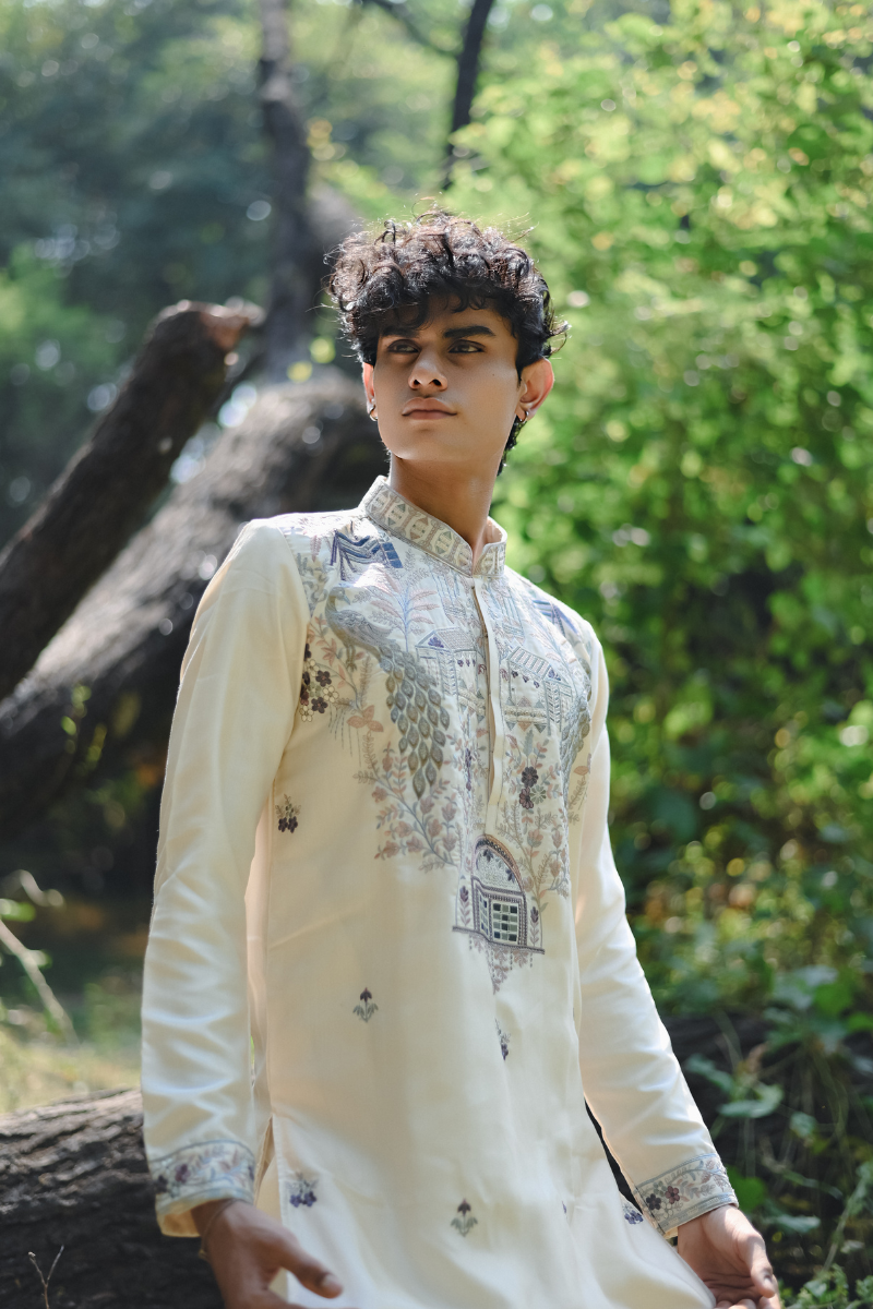 White Embroidery Thread Work Festive Kurta Set