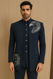 Men's Blue Diamond Bird Embellished 3-Piece Jodhpuri Set