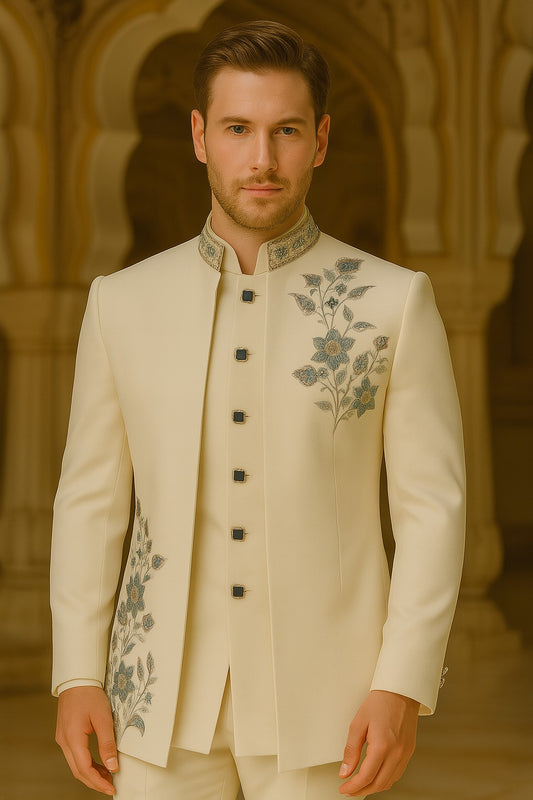 Men's Ivory 3-Piece Open Jodhpuri Set with Zari Thread Floral Embroidery
