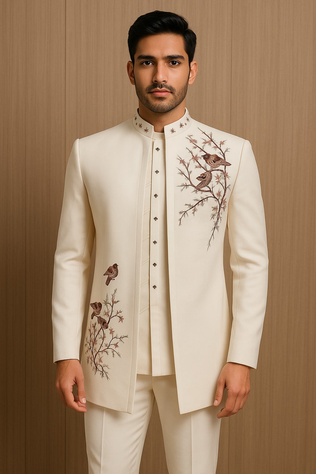 Men's Ivory Bird Embroidered 3-Piece Jodhpuri Set