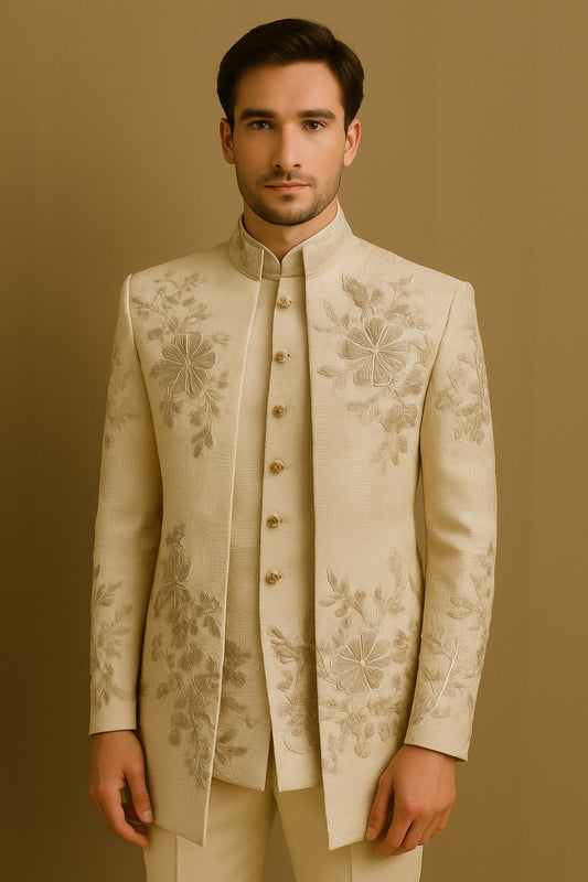 Men's Ivory Floral Embroidered 3-Piece Jodhpuri Set