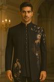 Men's Black Bird Embroidered 3-Piece Jodhpuri Set