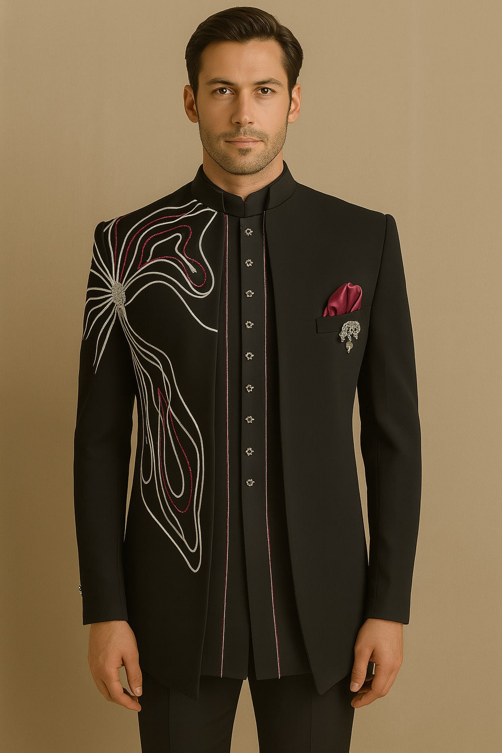 Men's Black Floral Embroidered 3-Piece Jodhpuri Set with Brooch