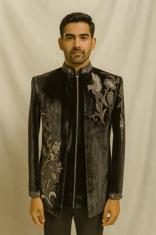 Men's Black Bird Embroidered 3-Piece Jodhpuri Set with Zipper Jacket