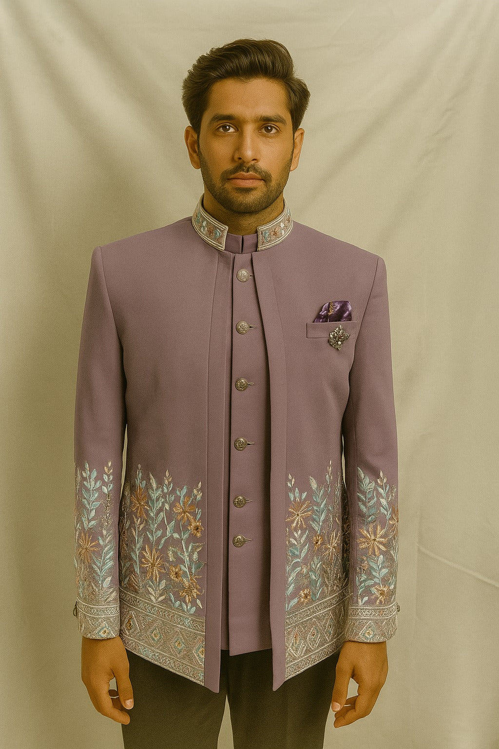 Men's Floral Embroidered 3-Piece Jodhpuri Set with Brooch