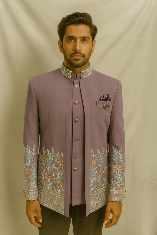 Men's Floral Embroidered 3-Piece Jodhpuri Set with Brooch