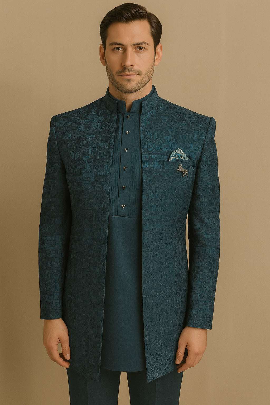 Men's Jacquard 3-Piece Jodhpuri Set with Zari Detailing & Brooch
