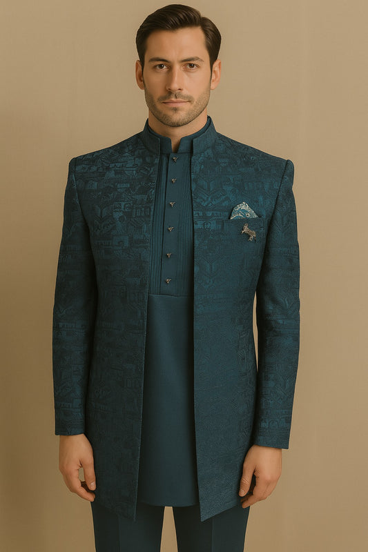 Men's Jacquard 3-Piece Jodhpuri Set with Zari Detailing & Brooch