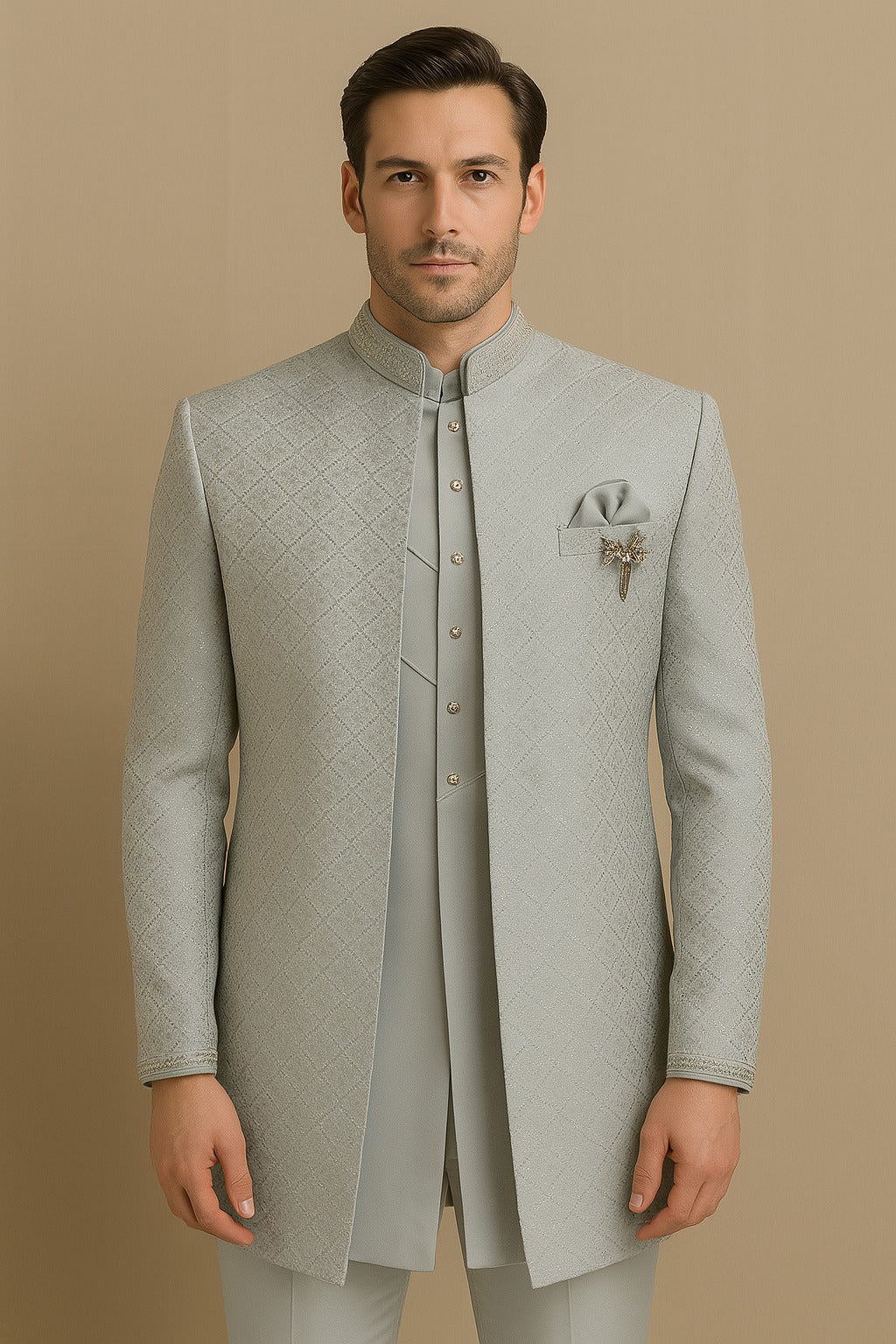 Men's Geometric Jacquard Diamond Embellished 3-Piece Jodhpuri Set