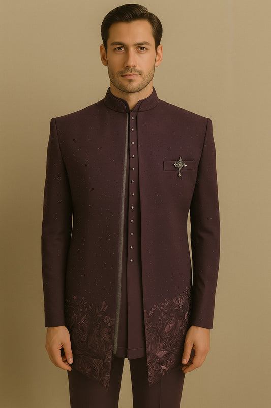 Men's Wine Diamond Embellished 3-Piece Jodhpuri Set with Printed Detailing