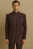 Men's Wine Diamond Embellished 3-Piece Jodhpuri Set with Printed Detailing
