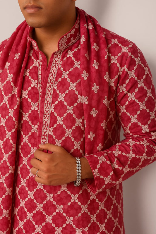 Men’s Pink Tie-and-Dye Rayon Kurta Set with Sequins & Mirror Work