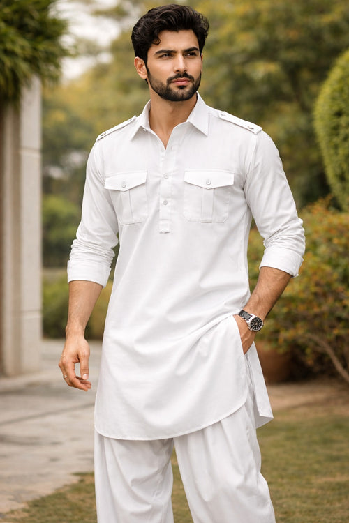 White Pathani Kurta-Bottom Set